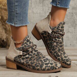Contrast Canvas Low Heel Boots in Leopard Print